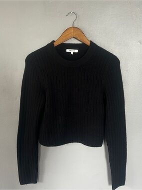 Madewell Black Ribbed Cropped Sweater Medium Wool Blend Minimalist Pullover